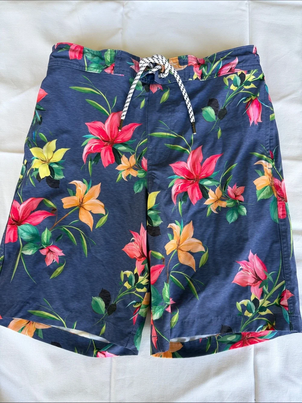 Tropical Floral Navy Swim Board Shorts with Drawstring